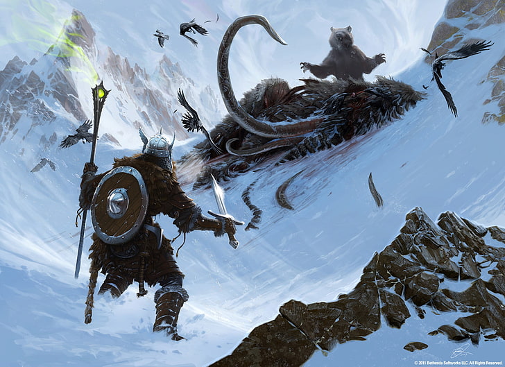 vikingo cerca de la ilustración de mamut, los rollos más antiguos, skyrim, arte, aventurero, mamut, montaña, oso, nieve, magia, Fondo de pantalla HD