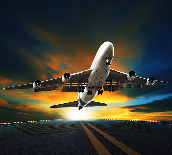 The sky, asphalt, the sun, clouds, the plane, runway, passenger, takes off, HD  wallpaper | Wallpaperbetter