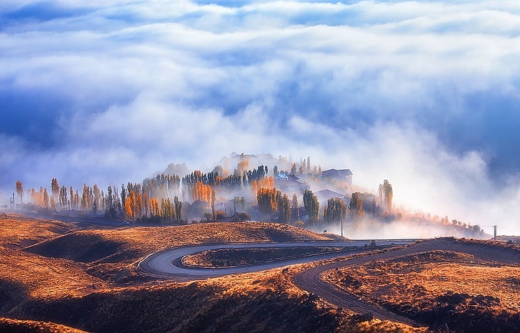grünblättrige bäume, natur, landschaft, straße, nebel, herbst, wolken, wald, bäume, haarnadelkurven, iran, HD-Hintergrundbild