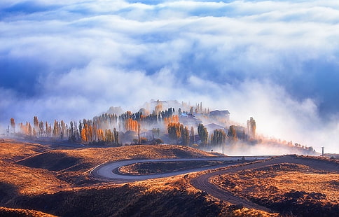 grünblättrige bäume, natur, landschaft, straße, nebel, herbst, wolken, wald, bäume, haarnadelkurven, iran, HD-Hintergrundbild HD wallpaper