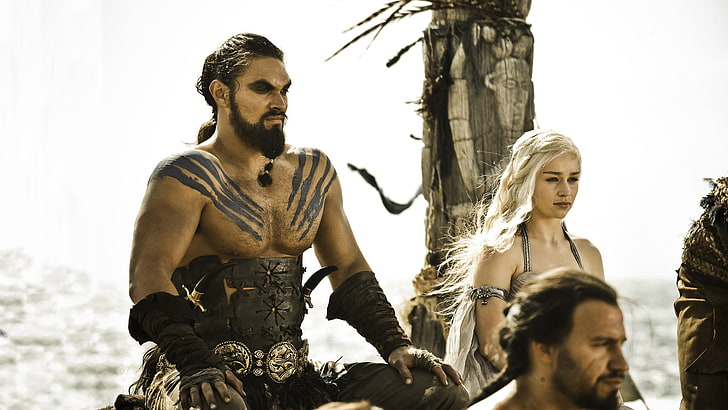 Juegos de Tronos Kal Drogo y Daenerys, Juego de Tronos, Daenerys Targaryen, Khal Drogo, Emilia Clarke, Photoshop, sin camisa, Fondo de pantalla HD