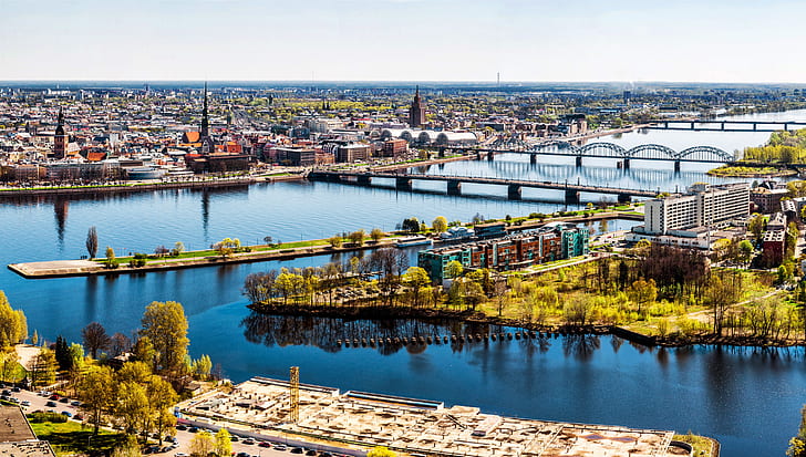 Ciudades, Riga, Puente, Edificio, Horizonte, Paisaje, Letonia, Río, Fondo de pantalla HD