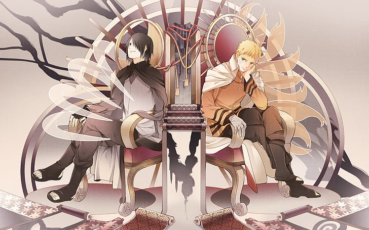 two men sitting on chairs anime characters illustration, Anime, Boruto, Naruto Uzumaki, Sasuke Uchiha, HD wallpaper