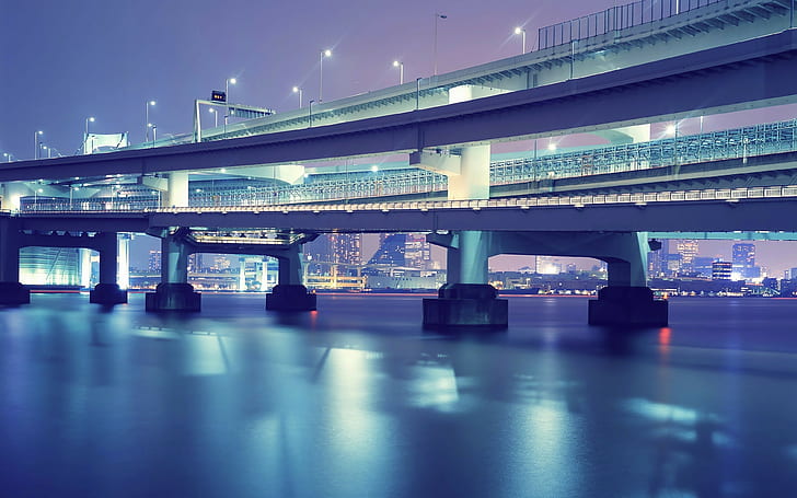 jembatan, air, biru, cyan, violet, kota, lampu kota, malam, Wallpaper HD