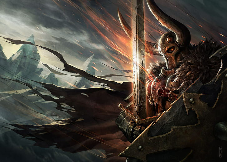 Chaos, Warrior, horns, cloak, blade, Fantasy Battle, Warhammer FB, Chaos Knight, HD wallpaper