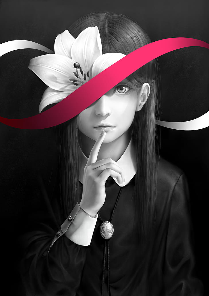 flower, simple background, anime girls, selective coloring, portrait, anime, tears, HD wallpaper