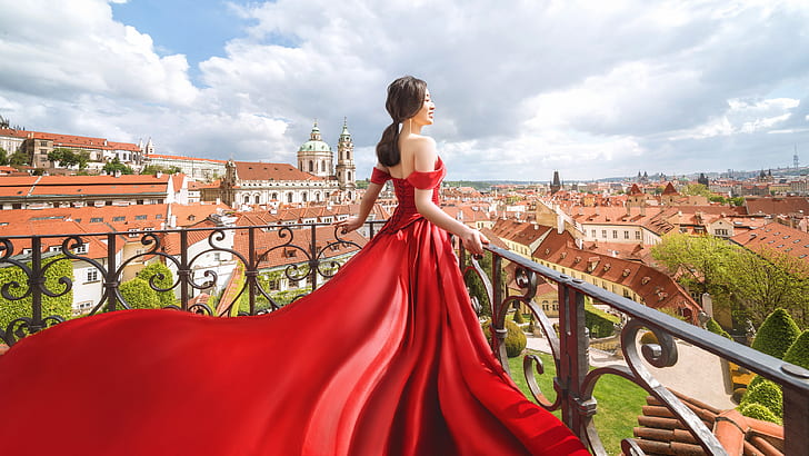 the sky, girl, clouds, light, the city, pose, smile, mood, street, back, view, building, height, home, dal, hands, roof, brunette, hairstyle, tail, Cathedral, railings, neckline, temple, balcony, Asian, is, architecture, red dress, shoulders, hem, long, HD wallpaper