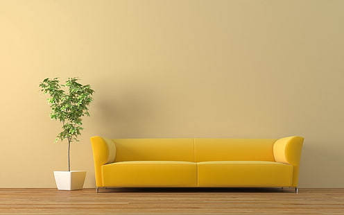 أريكة بمقعدين مبطنة من الجلد الأصفر وأريكة وحوض استحمام ونبات، خلفية HD HD wallpaper