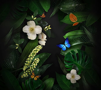 Blommor, lager, fjärilar, Huawei Mate 10, löv, HD tapet HD wallpaper