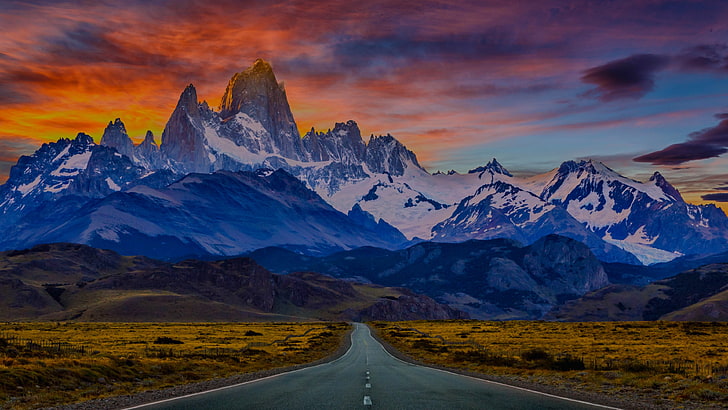 cloud, mount fitz roy, cerro fitz roy, southern patagonian ice field, argentina, el chalten, los glaciares national park, cerro fitzroy, south america, national park, sunset, mount scenery, horizon, highland, wilderness, mountain range, road, mountain, nature, sky, HD wallpaper