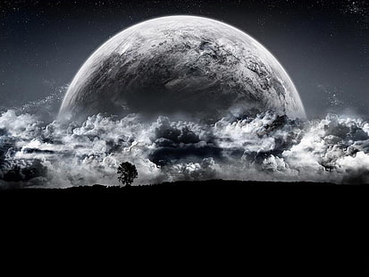 月、黒と灰色の月の図、月、夢のようなファンタジー、 HDデスクトップの壁紙 HD wallpaper