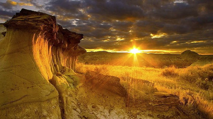 Blessings From East, field, sunshine, desert, rock, sunrise, morning, nature and landscapes, HD wallpaper