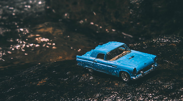 blue die-cast car toy, car, model, toy, retro, moisture, HD wallpaper