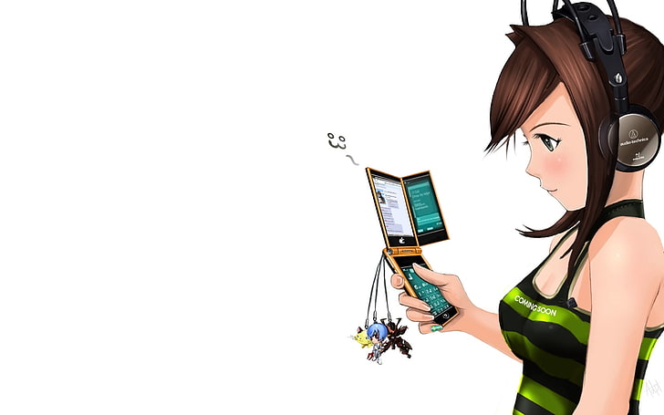 woman holding phone anime illustration, girl, brunette, headset, key rings, phone, shirt, HD wallpaper