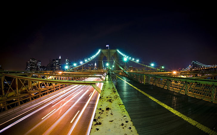 мост от бял метал, град, мост, градски светлини, светлина, HD тапет