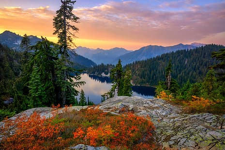 ฤดูใบไม้ร่วง ป่า พระอาทิตย์ตก ภูเขา ทะเลสาป กิน อุทยานแห่งชาติ Mount Rainier อุทยานแห่งชาติ mount Rainier The cascade Mountains รัฐวอชิงตัน Cascade Range วอชิงตัน Snow Lake, วอลล์เปเปอร์ HD HD wallpaper