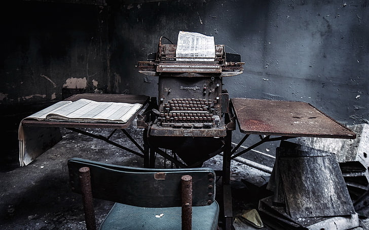 macchina da scrivere vintage nera e marrone, rovina, rovine, abbandonato, macchine da scrivere, Sfondo HD