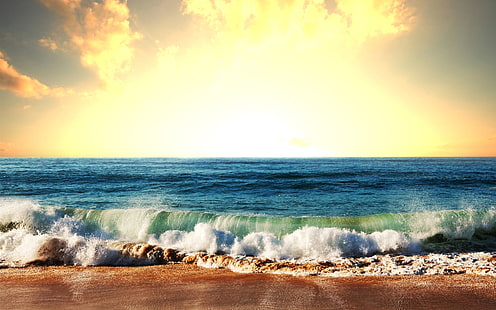 amanecer, mar, naturaleza, olas, playa, Fondo de pantalla HD HD wallpaper