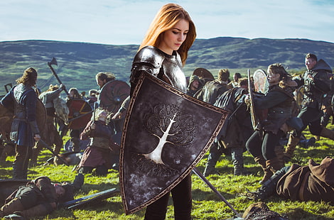 mulheres, exército, guerreiro, arte da fantasia, loira, espada, escudo, manipulação de fotos, HD papel de parede HD wallpaper