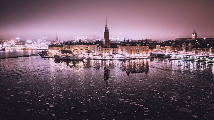 stadsbild, Stockholm, himmel, vatten, natt, ljus, HD tapet