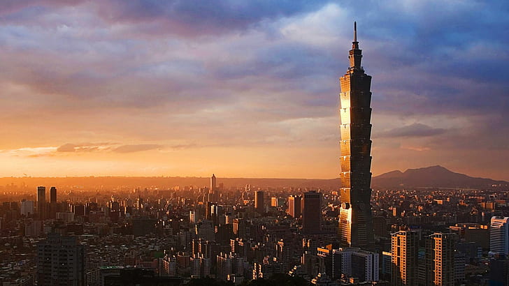 台北の日の出、台北101、高層ビル、都市、日の出、雲、自然、風景、 HDデスクトップの壁紙