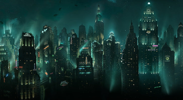 BioShock Rapture、黒い塔の建物、ゲーム、BioShock、都市、水中、Rapture、 HDデスクトップの壁紙