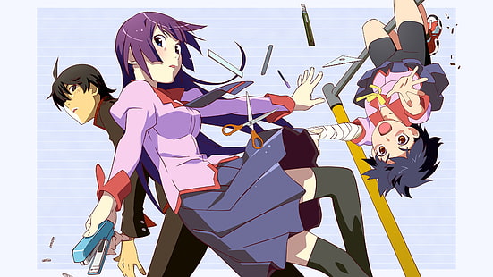 tiga karakter anime, anime, Seri Monogatari, Kanbaru Suruga, Araragi Koyomi, Senjougahara Hitagi, Wallpaper HD HD wallpaper