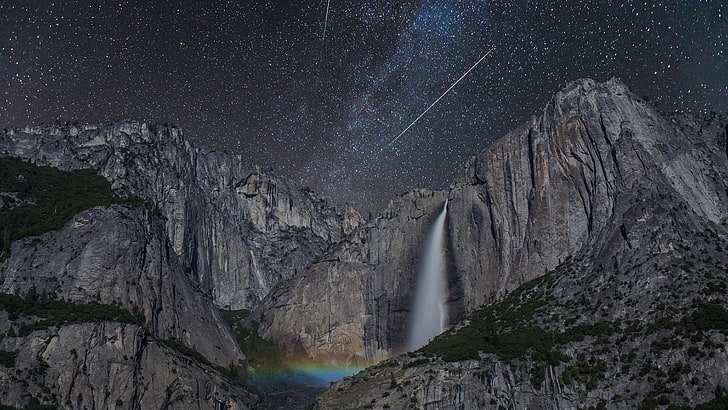 Yosemite National Park, National Park, Vintergatan, Vattenfall, Rainbow, Meteor, Yosemite Falls, Lunar Rainbow, Mountain, Rocky, Cliff, United States, USA, Vacker, HD tapet