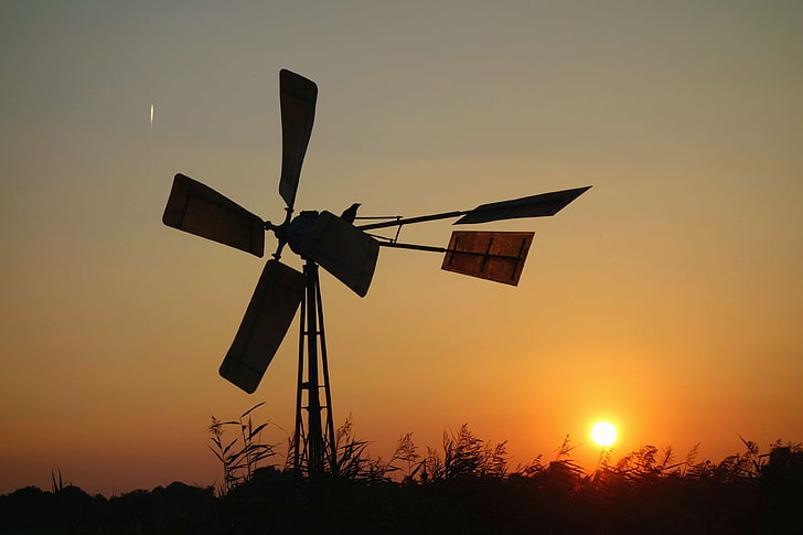 dusk, dutch, evening, evening sky, holland, mill, pump, silhouette, sun, sunset, water pump, wind powered water pump, windmill, HD wallpaper