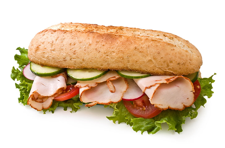 bun with ham with potatoes, sandwich, meat, greens, cucumbers, cabbage, white background, cloves, tomatoes, HD wallpaper