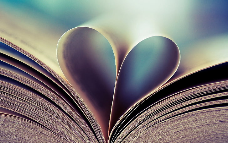 selective focus photo of opened book, book, leaves, page, heart, HD wallpaper