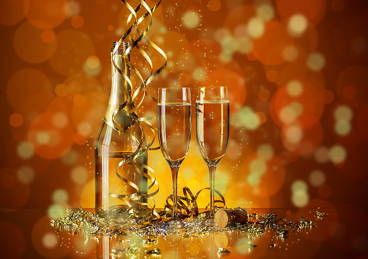 two champagne glasses, holiday, bottle, new year, glasses, tube, champagne, serpentine, bokeh, sequins, HD wallpaper