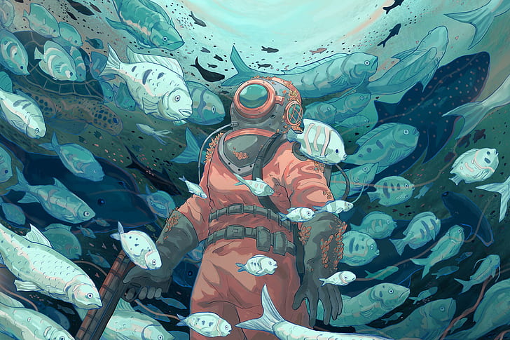 underwater, fish, animals, divers, artwork, illustration, HD wallpaper