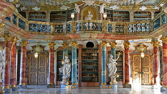 Wspaniała Biblioteka, wspaniała, okazała, renesansowa, biblioteka, książki, królewskie, zwierzęta, Tapety HD HD wallpaper