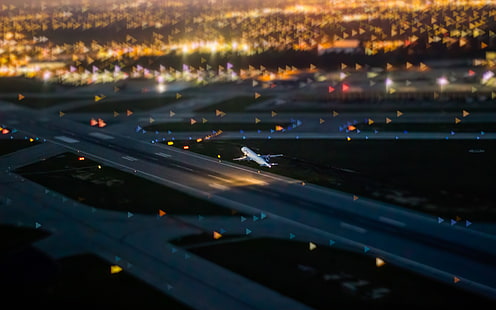 تحول الميل ، الطائرة ، المطار ، أضواء المدينة ، الليل ، بساطتها ، المدرج، خلفية HD HD wallpaper