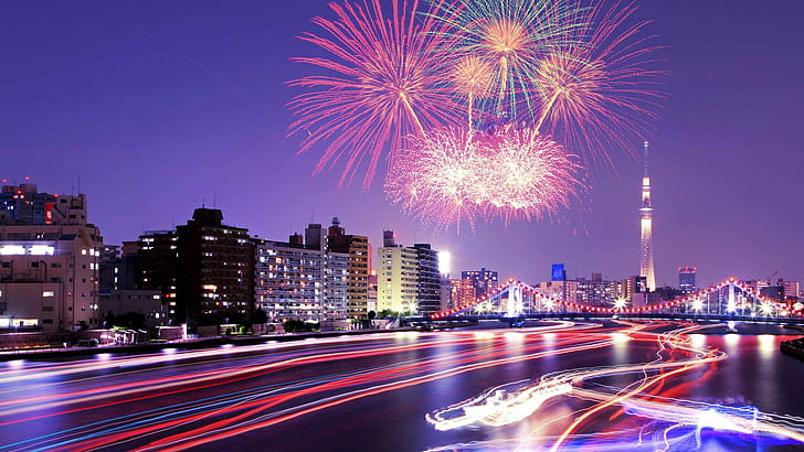Tokyo, Sumida river, fireworks, city, Tokyo, fireworks, salute, Sumida river, HD wallpaper