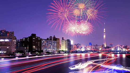 Tokyo, fiume Sumida, fuochi d'artificio, città, Tokyo, fuochi d'artificio, saluto, fiume Sumida, Sfondo HD HD wallpaper