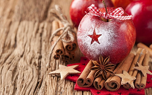 사과 빨간 활 리본은 계피 스타 아니스 크리스마스를 찌른다 겨울, 빨간 사과, 사과, 빨간 나비, 리본, 지팡이, 계피, 스타, 아니스, 크리스마스, HD 배경 화면 HD wallpaper