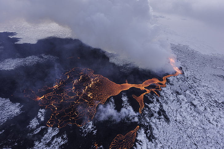 Lurie Belegurschi, Islandia, lava, nieve, humo, paisaje, Fondo de pantalla HD