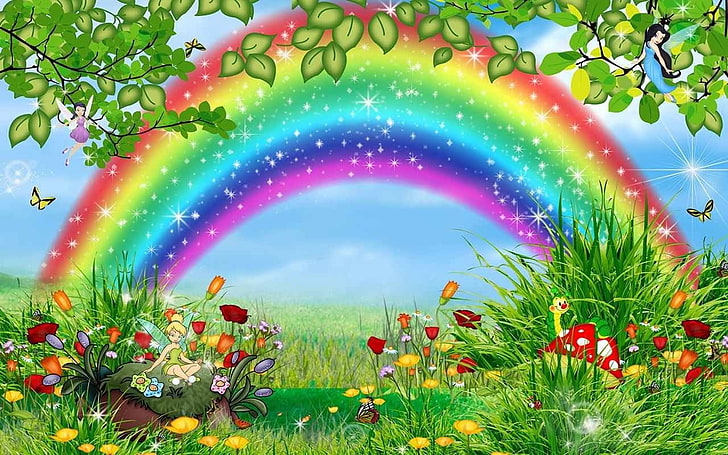 flores com ilustração do arco-íris, filme, Sininho, HD papel de parede