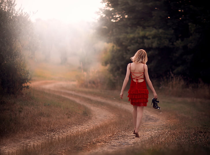 road, field, girl, the way, in red, barefoot, HD wallpaper