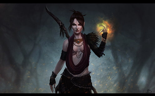 mulher segurando arco papel de parede digital, Dragon Age, Morrigan, Dragon Age: Origins, Dragon Age: Inquisition, videogames, arte de fantasia, garota de fantasia, HD papel de parede HD wallpaper