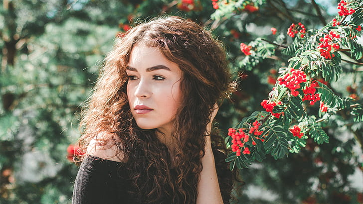 beautiful, beauty, bright, color, colorful, curly, eyes, face, fashion, female, fhd, flowers, full hd, girl, green, hair, lady, lips, makeup, model, nature, outdoors, people, photoshoot, portrait, red, season, skin, style, sun, warm, woman, young, HD wallpaper
