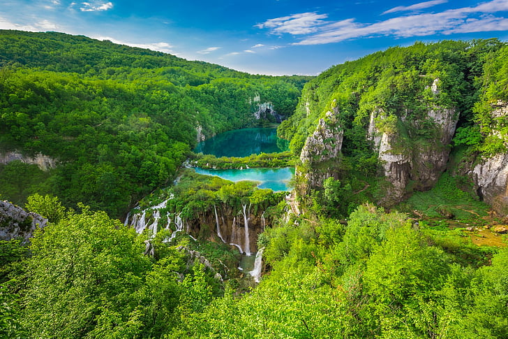 Wodospady, Wodospad, Chorwacja, Ziemia, Las, Zieleń, Góra, Jezioro Plitivice, Park Narodowy Plitwickie, Drzewo, Tapety HD