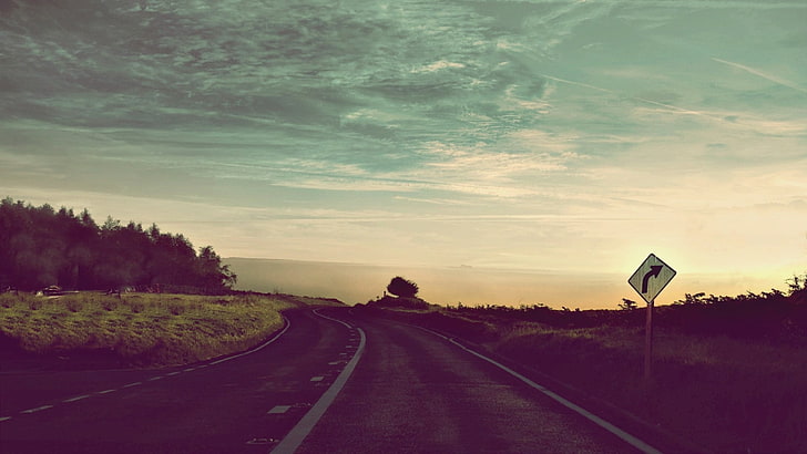 gray road, road, nature, sunset, clouds, sky, HD wallpaper