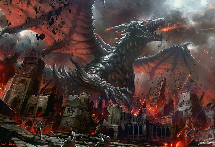 papel tapiz digital de dragón rojo y negro, dragón, arte de fantasía, ciudad de fantasía, fuego, Fondo de pantalla HD