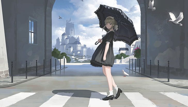 umbrella, Gothic, anime girls, anime, dress, black dress, street, looking at viewer, blonde, birds, HD wallpaper
