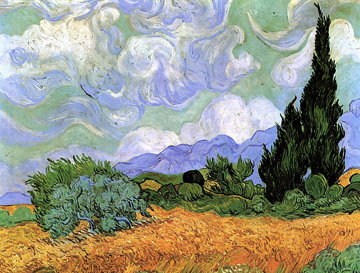 Винсент Ван Гог, Пшеничное поле, с кипарисами, HD обои