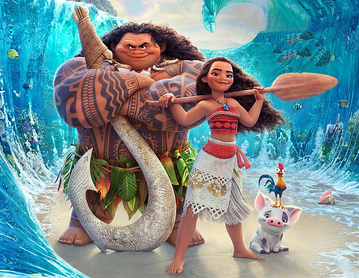 Моана (2016 филм), плакат, филм, мъж, море, фантазия, момиче, Мауи, Моана, бог, Дисни, син, HD тапет