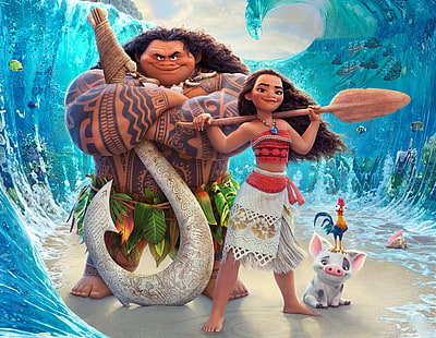 Моана (фильм 2016), плакат, фильм, человек, море, фэнтези, девушка, мауи, моана, бог, дисней, синий, HD обои HD wallpaper